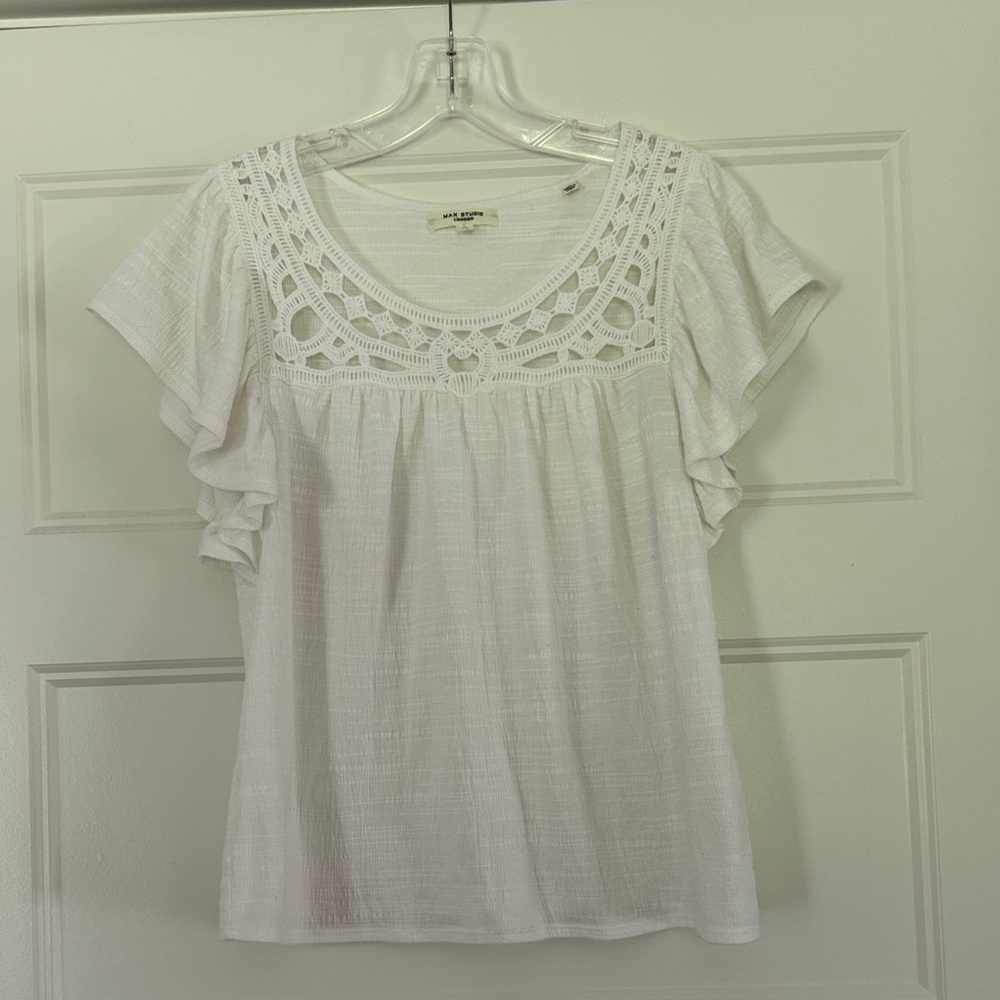 Max Studio White Crochet Yoke Flutter-Sleeve Blouse